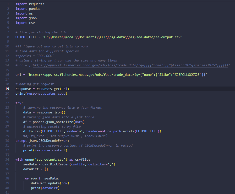 Code that makes a get request to the NOAA fisheries and creates CSV from it.